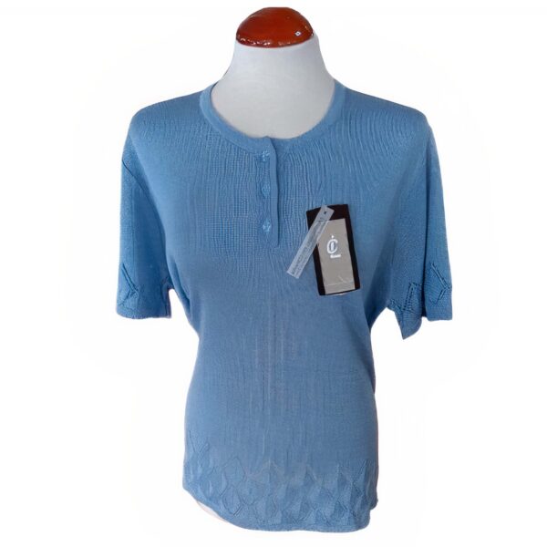 Blusa Tejida Azul Cielo con Detalles Texturizados y Mangas Cortas