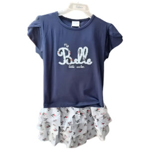 Conjunto Infantil Ballerina Azul y Blanco con Falda Floral Volante
