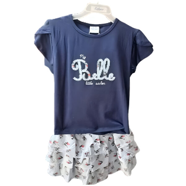 Conjunto Infantil Ballerina Azul y Blanco con Falda Floral Volante